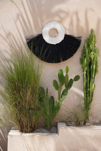 Wandobject raffia en schelpen alang-alang zwart 62 x 86 cm, voor woonkamer, hal of kantoor