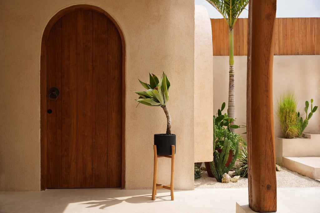 Plantenstandaard teakhout met pot terracotta, zwart naturel, 30 x 30 x 68 cm, voor droogbloemen