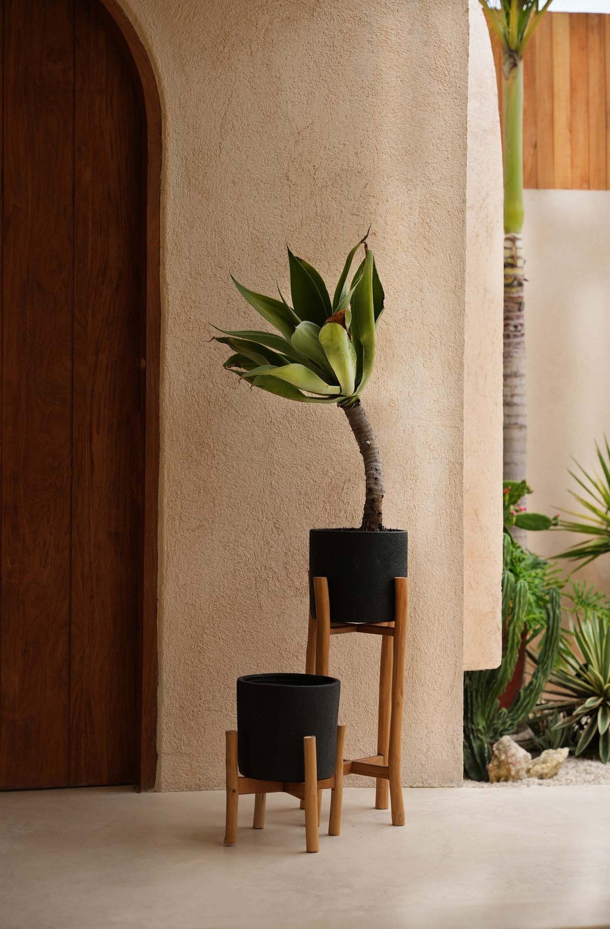 Bloempot terracotta met teakhouten standaard, zwart naturel, 28 x 28 x 36 cm, voor droogbloemen