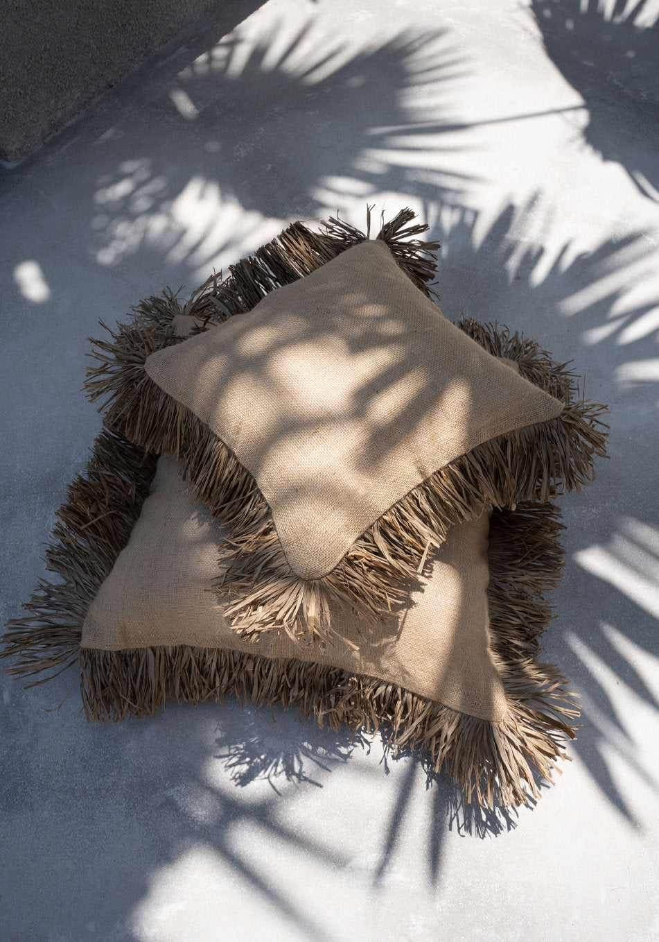 Kussenhoes jute en raffia franjes, Jute Bonita, naturel, 40 x 40 cm, voor bank en slaapkamer
