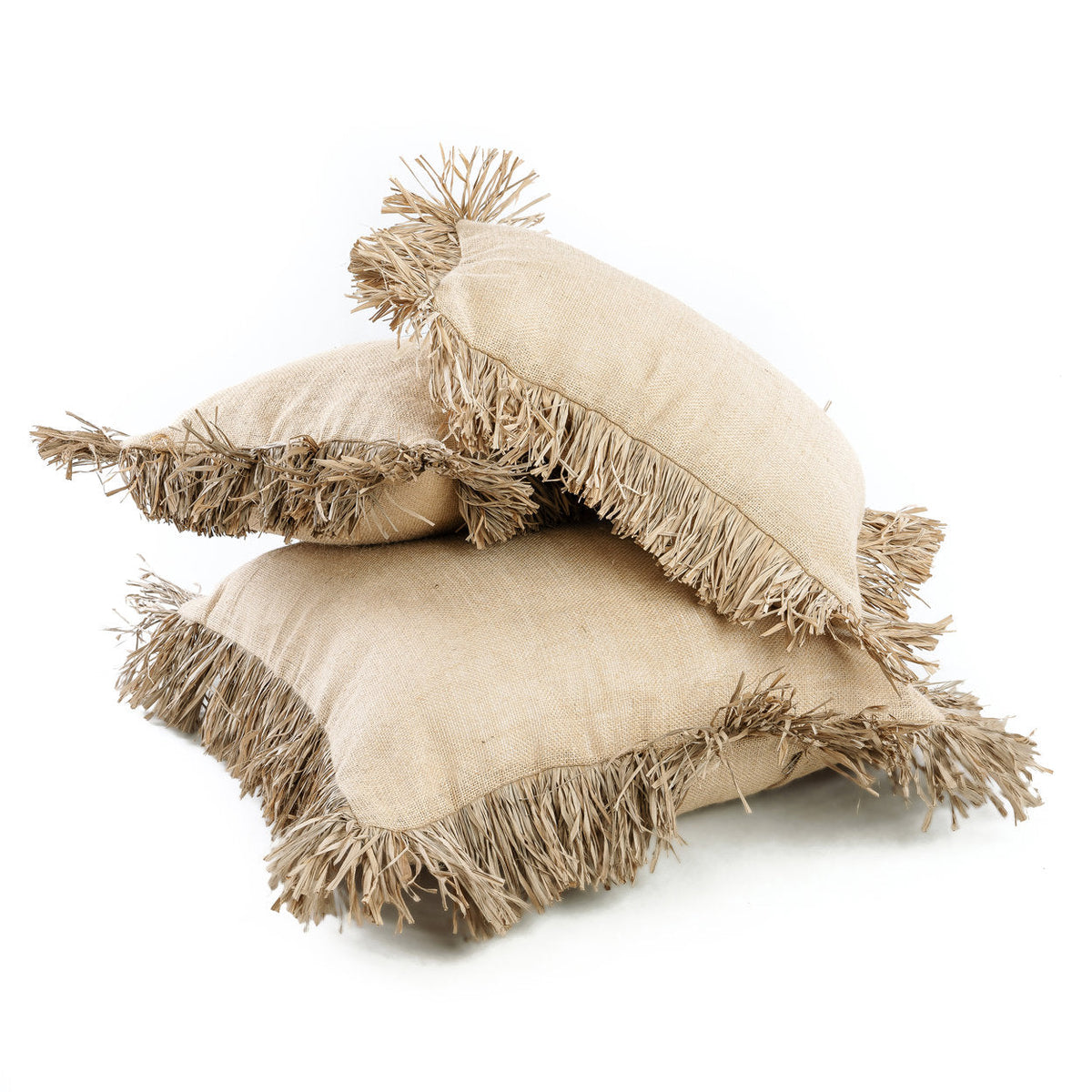Kussenhoes jute en raffia franjes, Jute Bonita, naturel, 40 x 40 cm, voor bank en slaapkamer