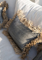 Kussenhoes katoen met raffia franjes, Cotton Bonita, natuurlijk zwart, 30 x 50 cm, woonkamer
