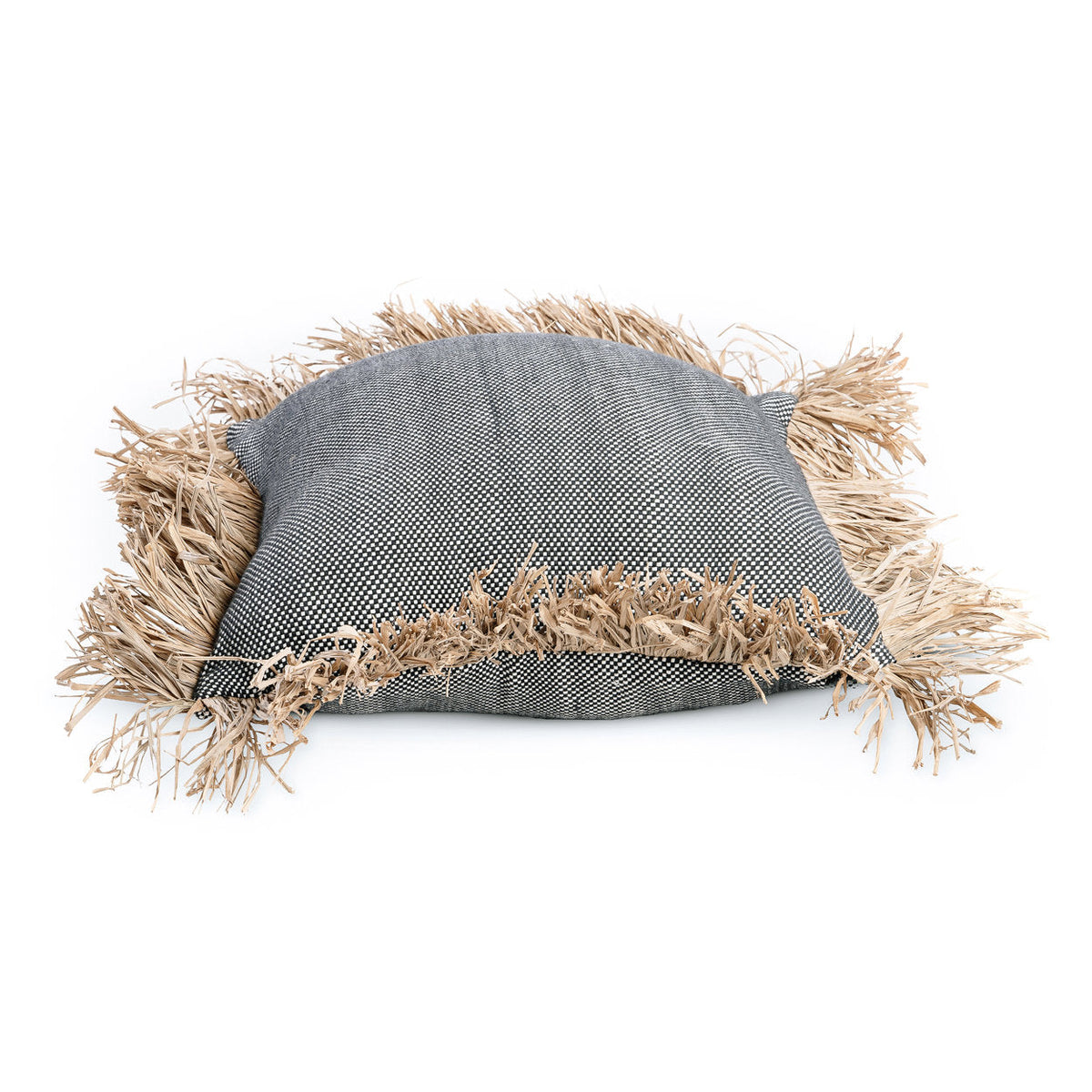 Kussenhoes katoen en raffia Bonita natuurlijk zwart 40 x 40 cm, met raffia franjes voor woonkamer
