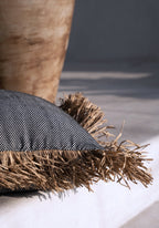Kussenhoes katoen met raffia franjes Bonita, naturel zwart, 60 x 60 cm, voor woonkamer