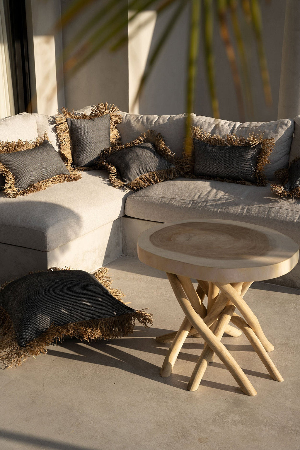 Kussenhoes katoen met raffia franjes Bonita, naturel zwart, 60 x 60 cm, voor woonkamer