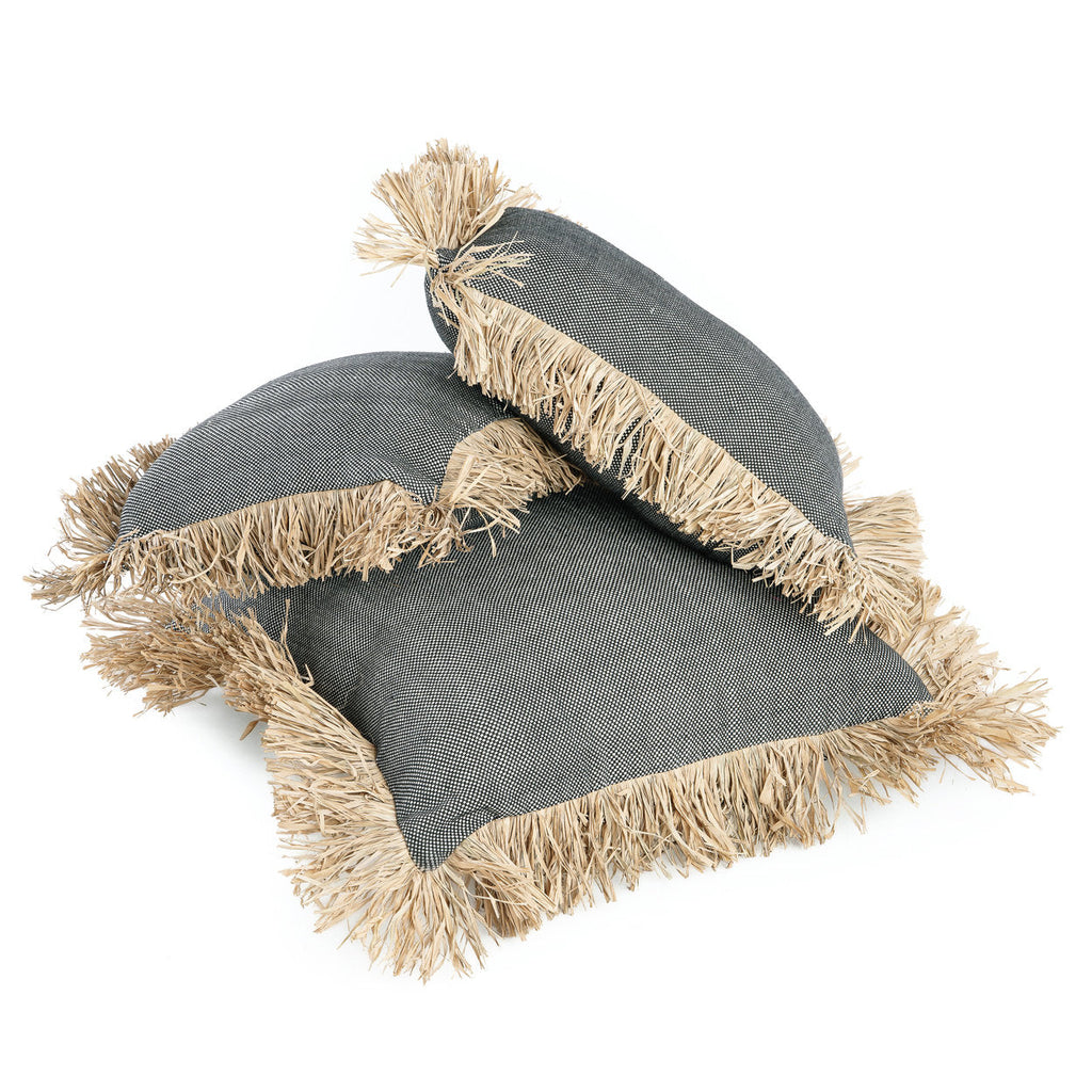 Kussenhoes katoen met raffia franjes Bonita, naturel zwart, 60 x 60 cm, voor woonkamer