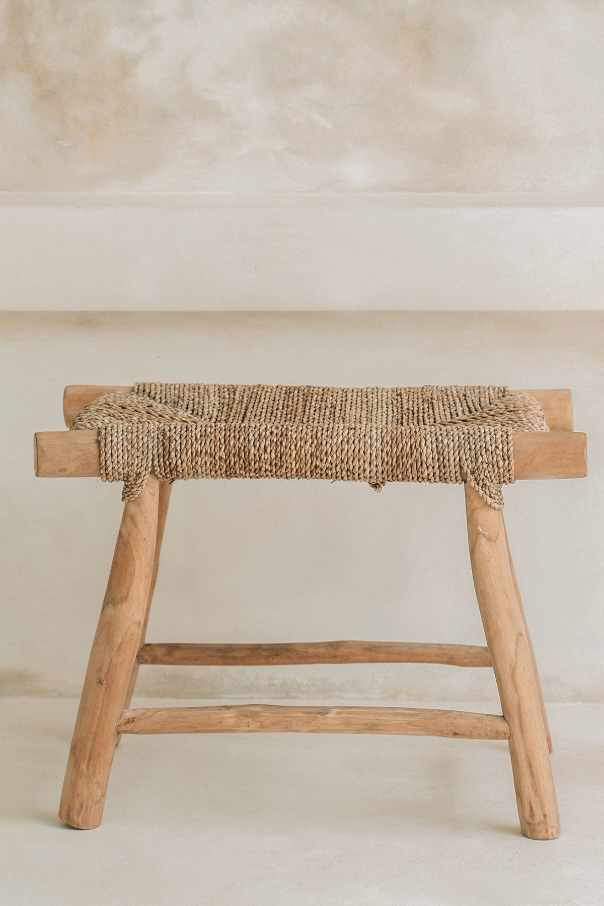 Kruk teakhout en zeegras naturel Porto, boho bijzetkruk 60 x 40 x 45 cm
