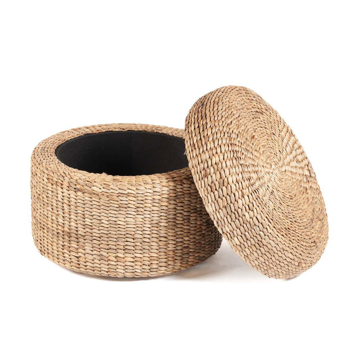 Opbergpoef waterhyacint Circle, naturel, Ø 60 cm, hoogte 45 cm, rond met deksel voor de woonkamer