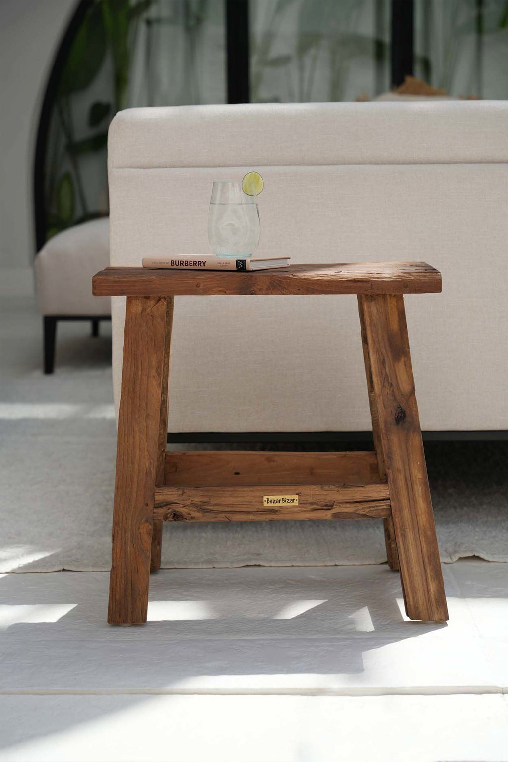Kruk teakhout rustiek naturel, handgemaakt – 50 x 27 x 50 cm, voor woonkamer, keuken of slaapkamer