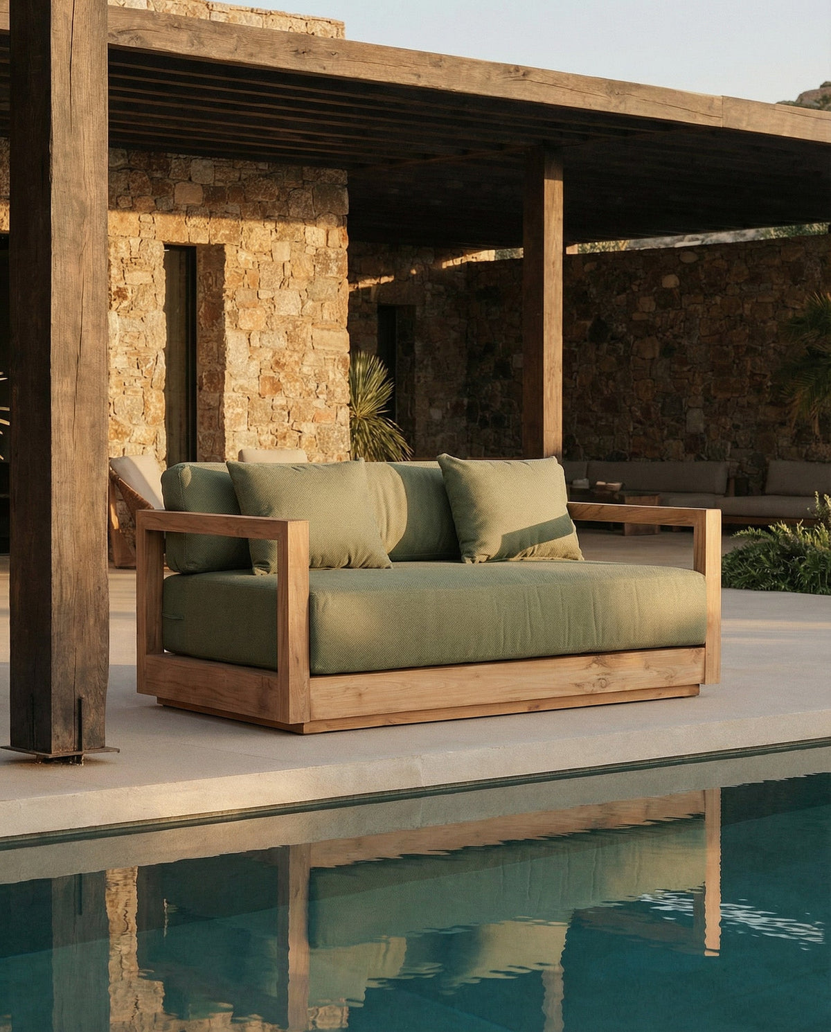 Tweezitsbank buiten teakhout Umalas groen Alga, hergebruikt teak met kussens voor terras en tuin
