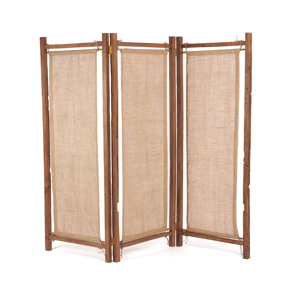 Driedelige kamerverdeler met houten teakframe en naturel jute panelen