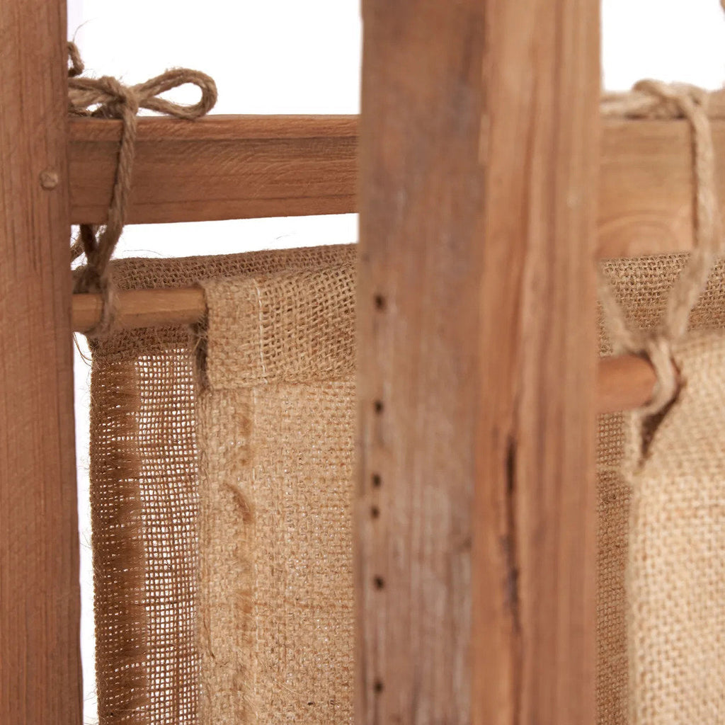 Kamerverdeler gerecycled teakhout en jute Zenbu naturel, driedelige scheidingswand om ruimtes te verdelen