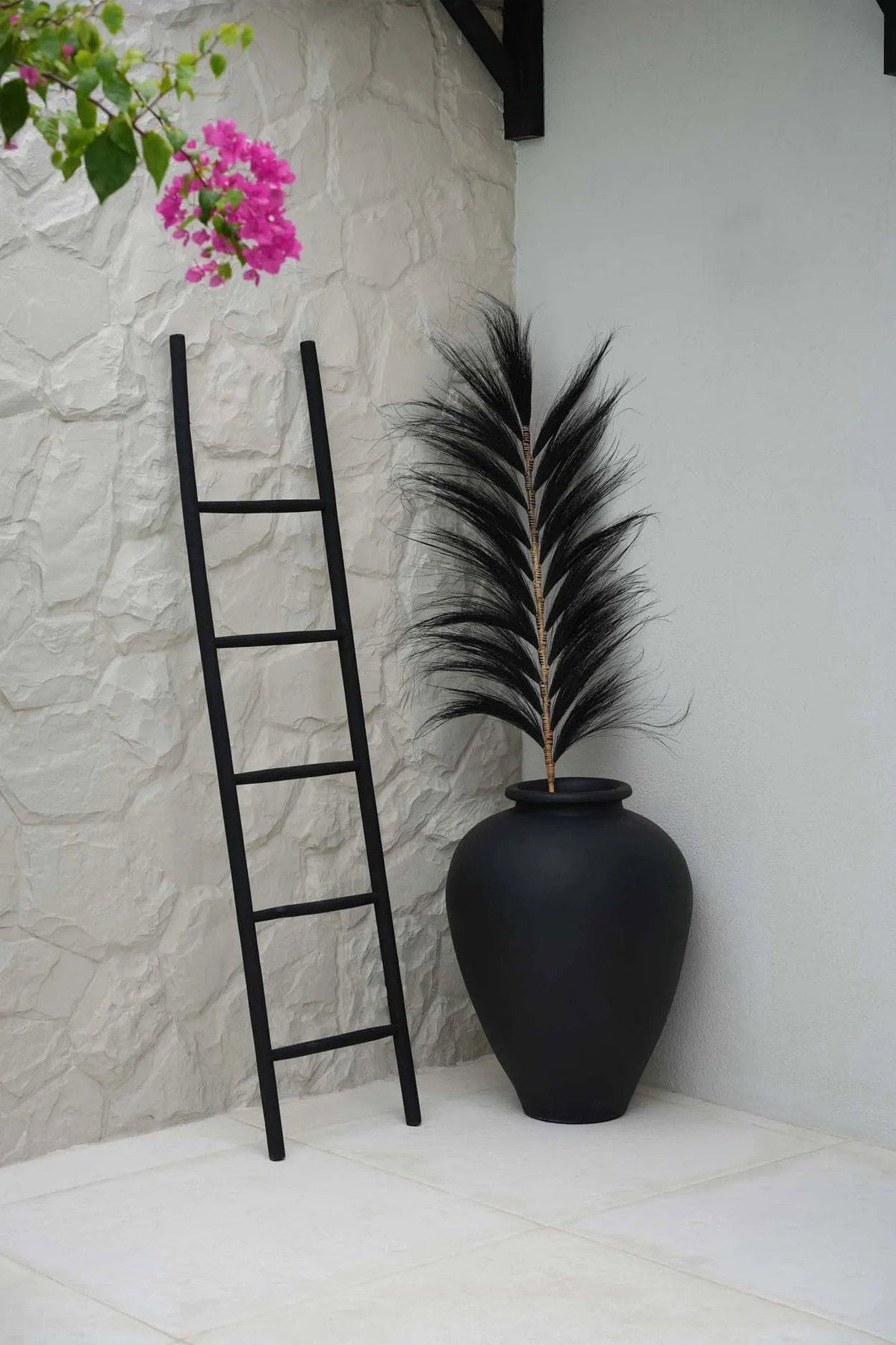 Decoratieladder teakhout Tulum, zwart, 165 cm – voor handdoeken en plaids