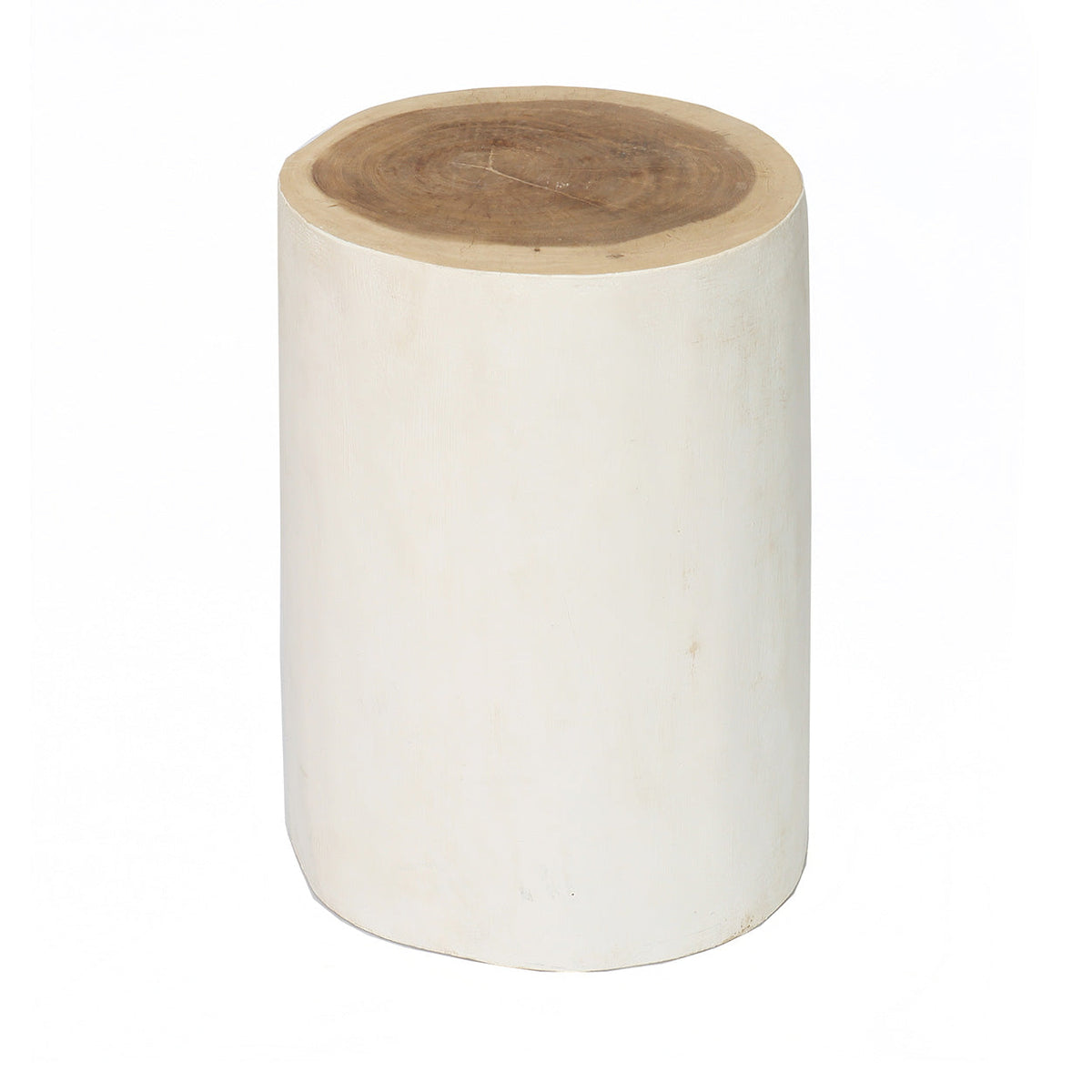 Ronde houten kruk met witte zijkant en naturel houten bovenvlak met jaarringen