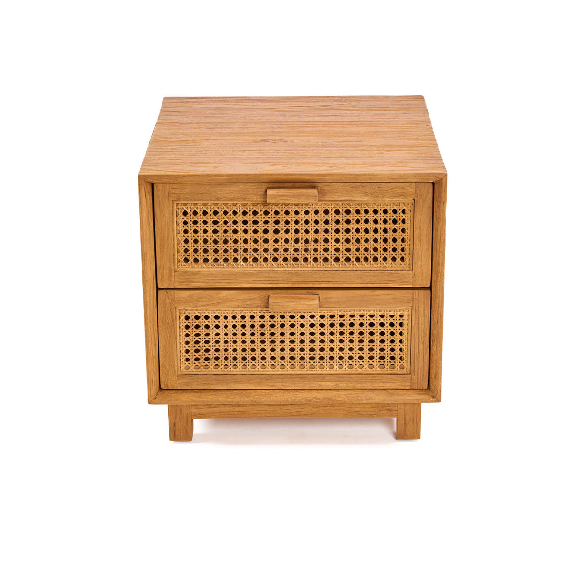 Nachtkastje teak en riet Harmony, naturel – 51 x 48 x 48 cm, met twee lades voor de slaapkamer