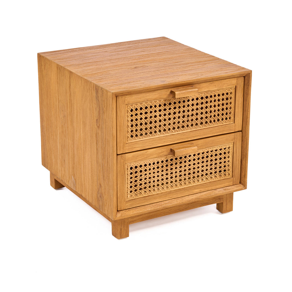 Nachtkastje teak en riet Harmony, naturel – 51 x 48 x 48 cm, met twee lades voor de slaapkamer