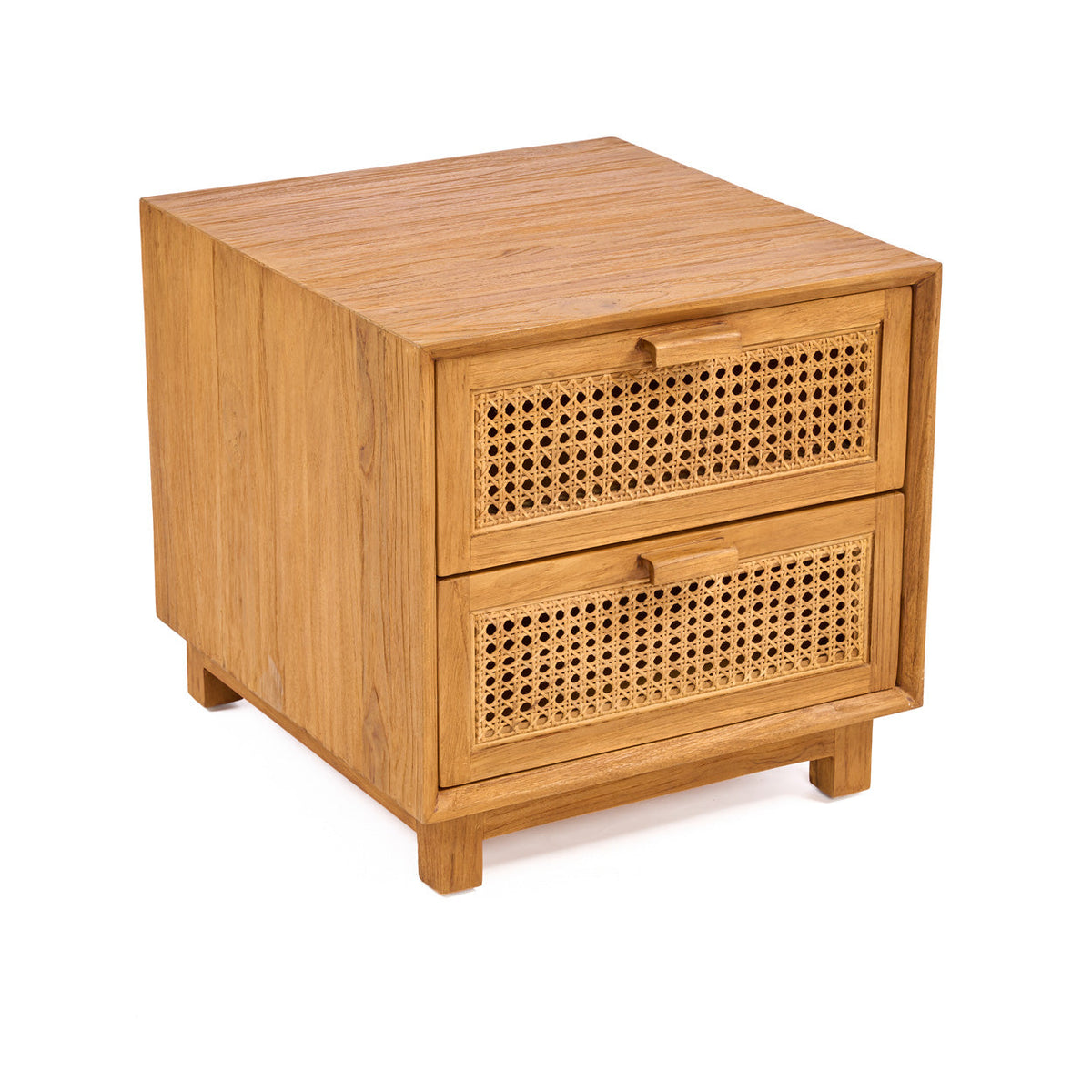 Nachtkastje teak en riet Harmony, naturel – 51 x 48 x 48 cm, met twee lades voor de slaapkamer