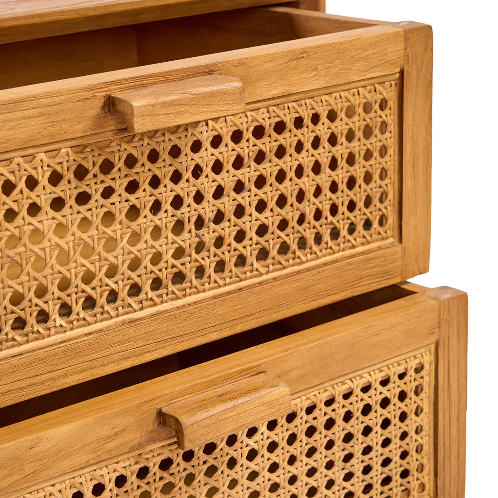 Nachtkastje teak en riet Harmony, naturel – 51 x 48 x 48 cm, met twee lades voor de slaapkamer