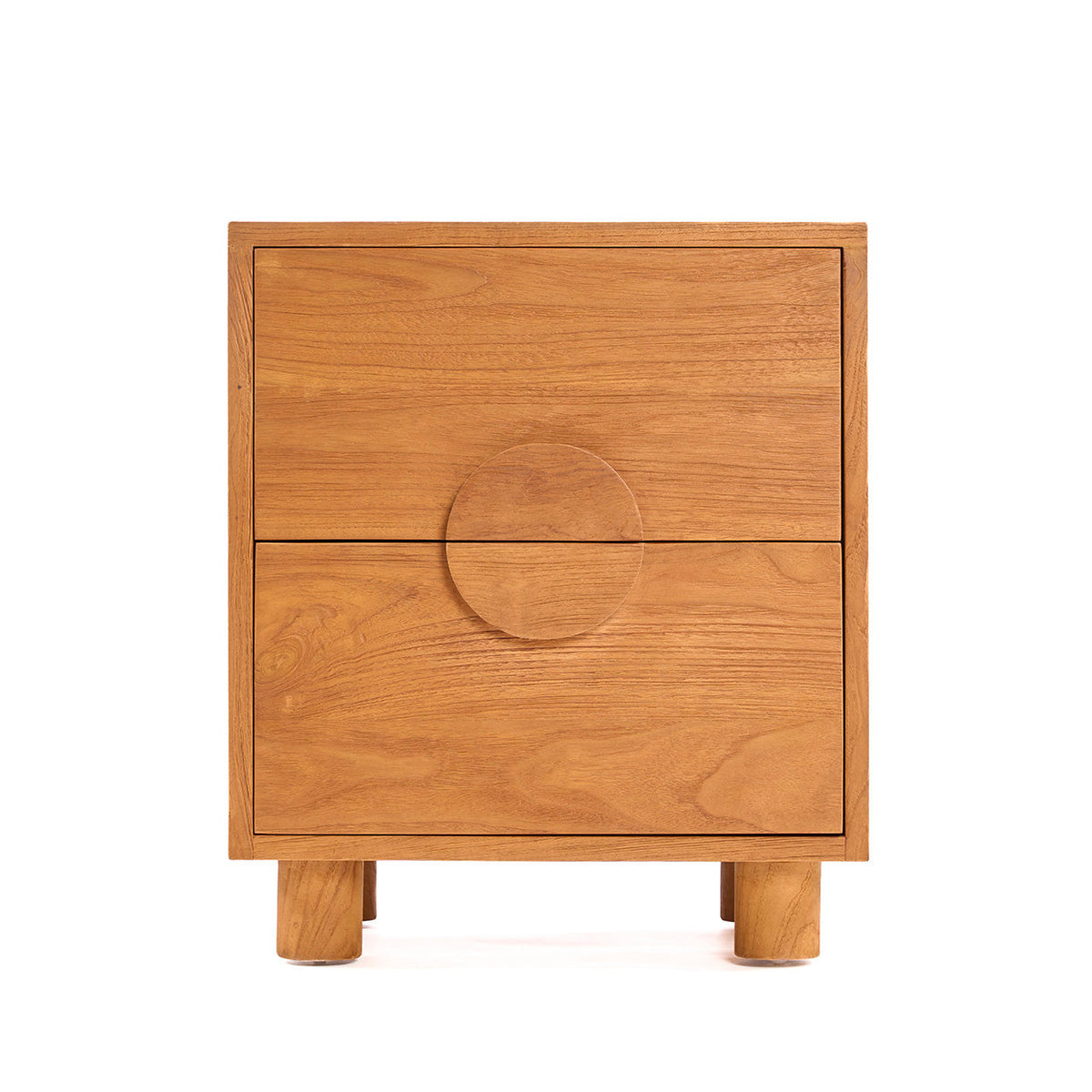 Houten nachtkastje van teak met twee lades, rond handvat in het midden en ronde poten, vooraanzicht