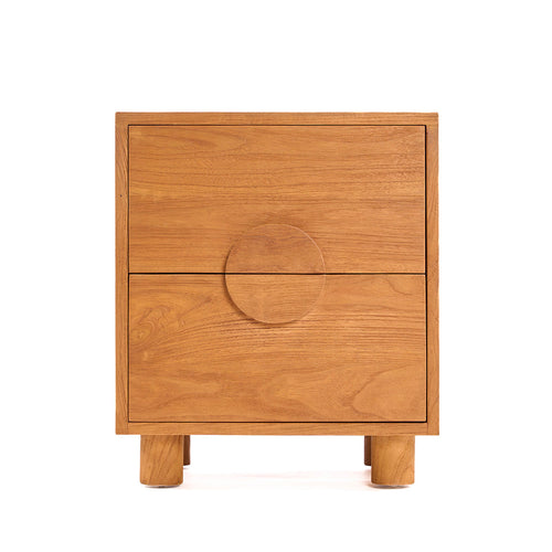 Houten nachtkastje van teak met twee lades, rond handvat in het midden en ronde poten, vooraanzicht