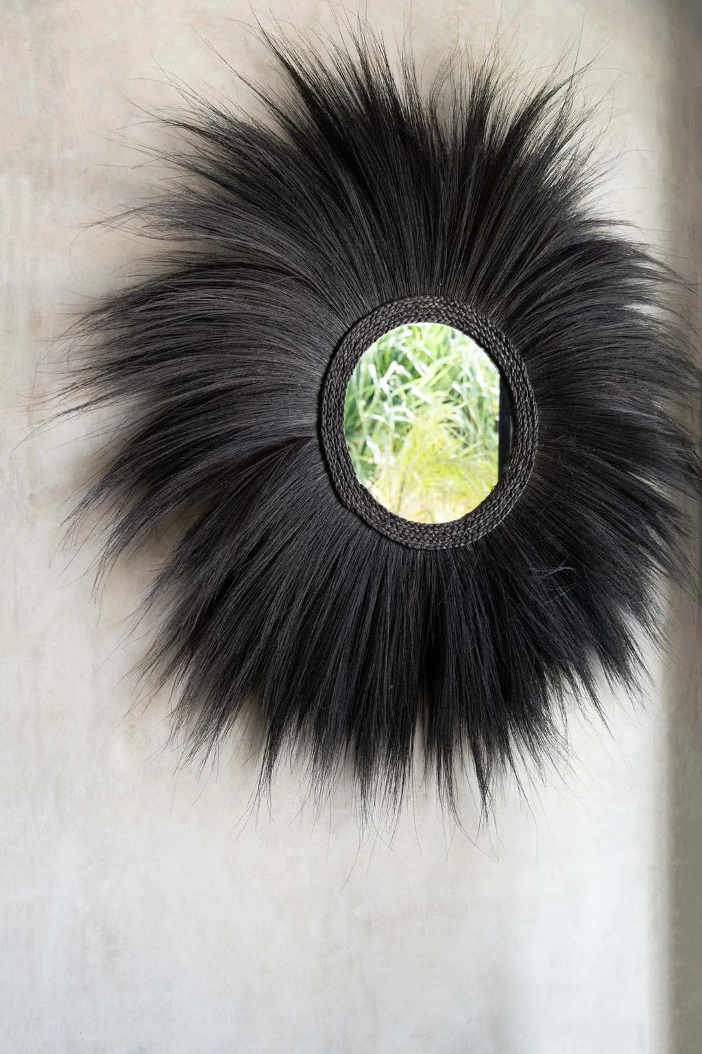 Spiegel Rayung-gras Simba zwart, boho wandspiegel Ø 100 cm voor woonkamer, hal en slaapkamer