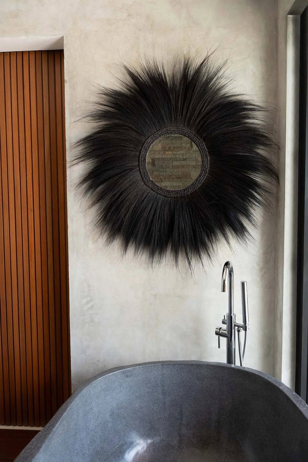 Spiegel Rayung-gras Simba zwart, boho wandspiegel Ø 100 cm voor woonkamer, hal en slaapkamer