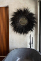 Spiegel Rayung-gras Simba zwart, boho wandspiegel Ø 100 cm voor woonkamer, hal en slaapkamer
