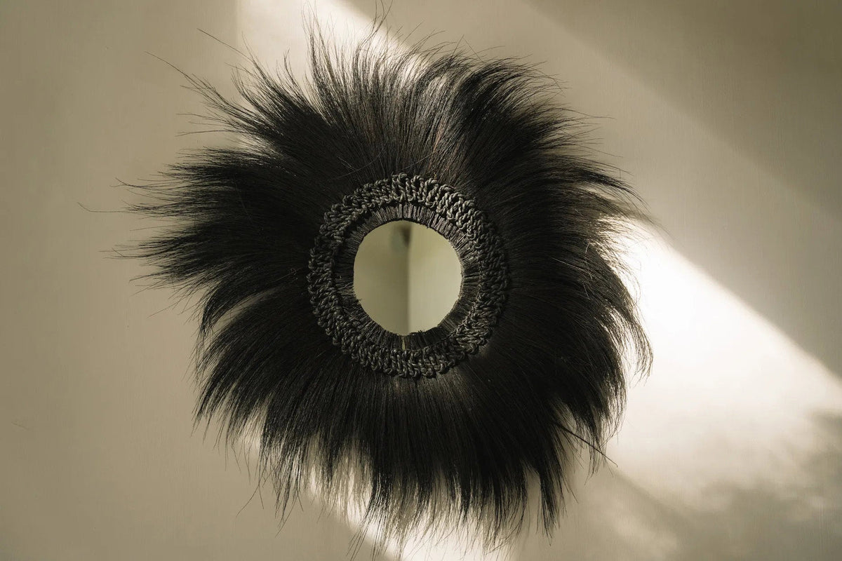 Spiegel Rayung-gras Simba zwart, boho wandspiegel Ø 100 cm voor woonkamer, hal en slaapkamer