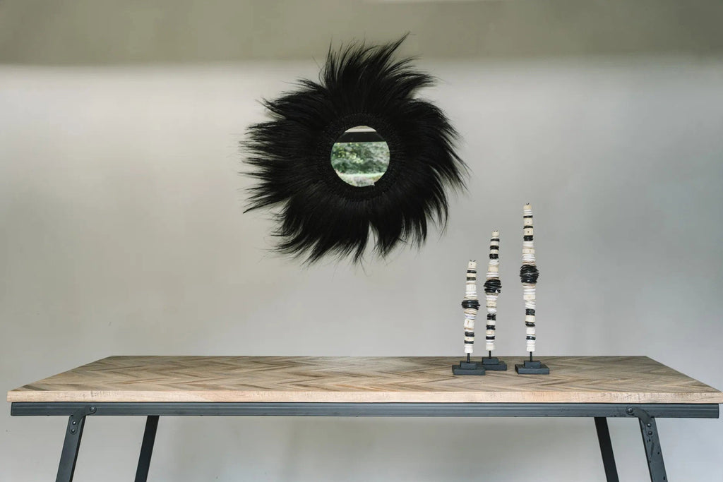 Spiegel Rayung gras Simba zwart rond Ø 70 cm, spiegelglas Ø 20 cm, voor hal of boven console