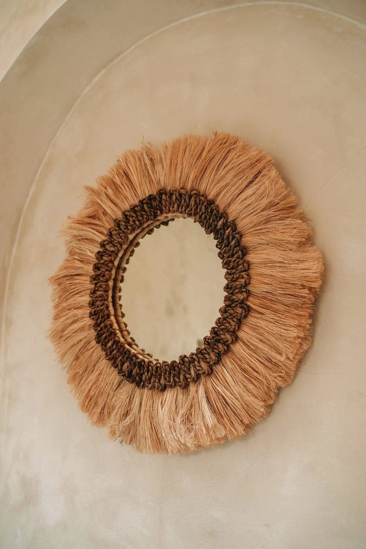 Spiegel gras Mowgli naturel Ø 60 cm, spiegelglas Ø 26 cm, woonkamer of hal
