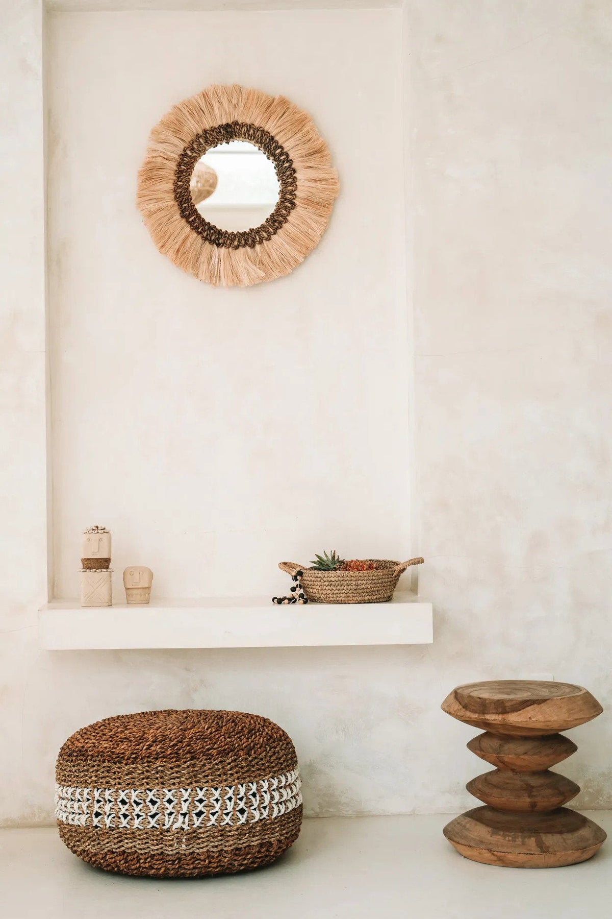 Spiegel gras Mowgli naturel Ø 60 cm, spiegelglas Ø 26 cm, woonkamer of hal