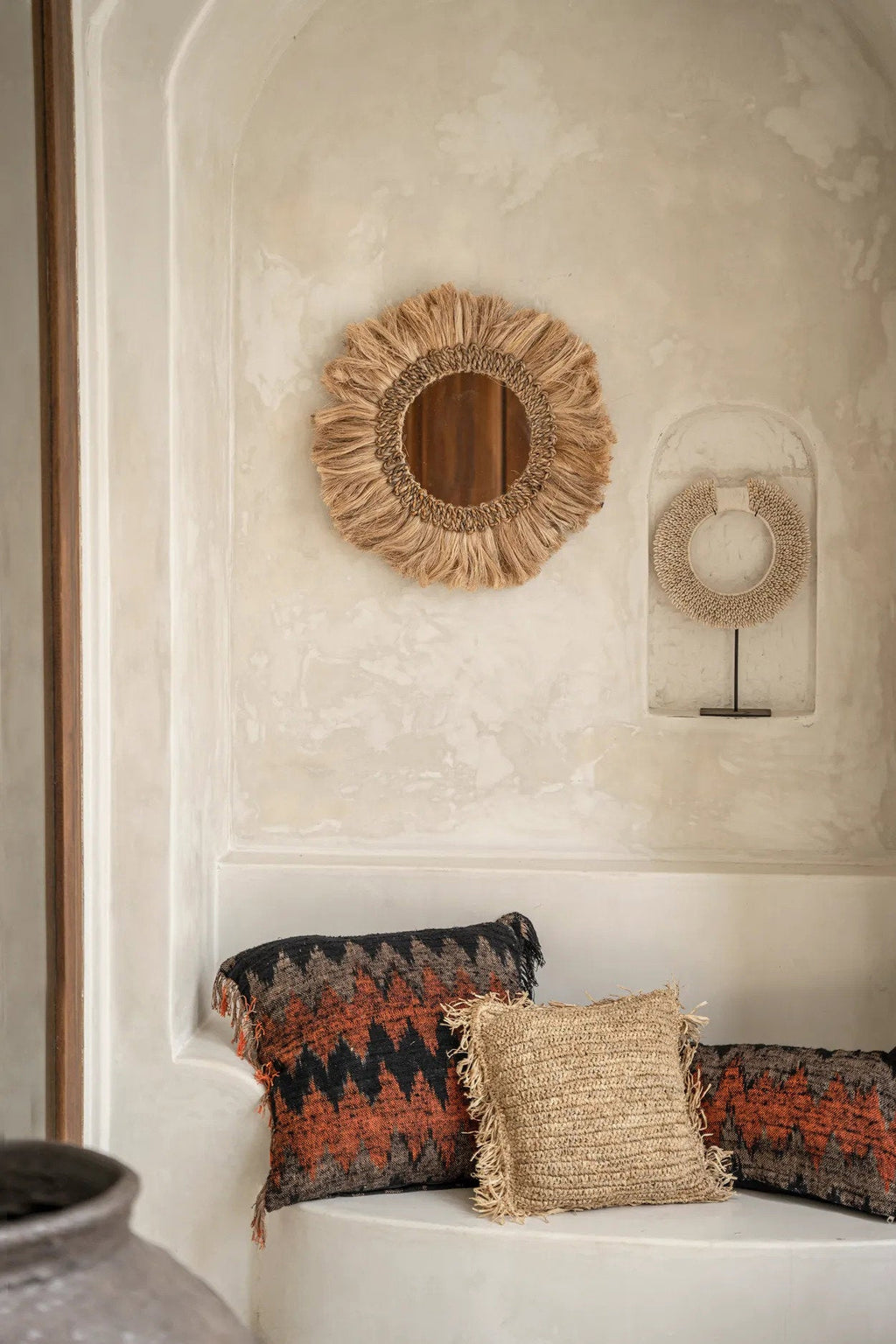 Spiegel gras Mowgli naturel Ø 60 cm, spiegelglas Ø 26 cm, woonkamer of hal
