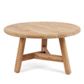 Ronde salontafel van gerecycled teakhout met drie schuine poten en driehoekig onderstel, naturel
