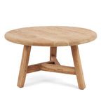 Ronde salontafel van gerecycled teakhout met drie schuine poten en driehoekig onderstel, naturel