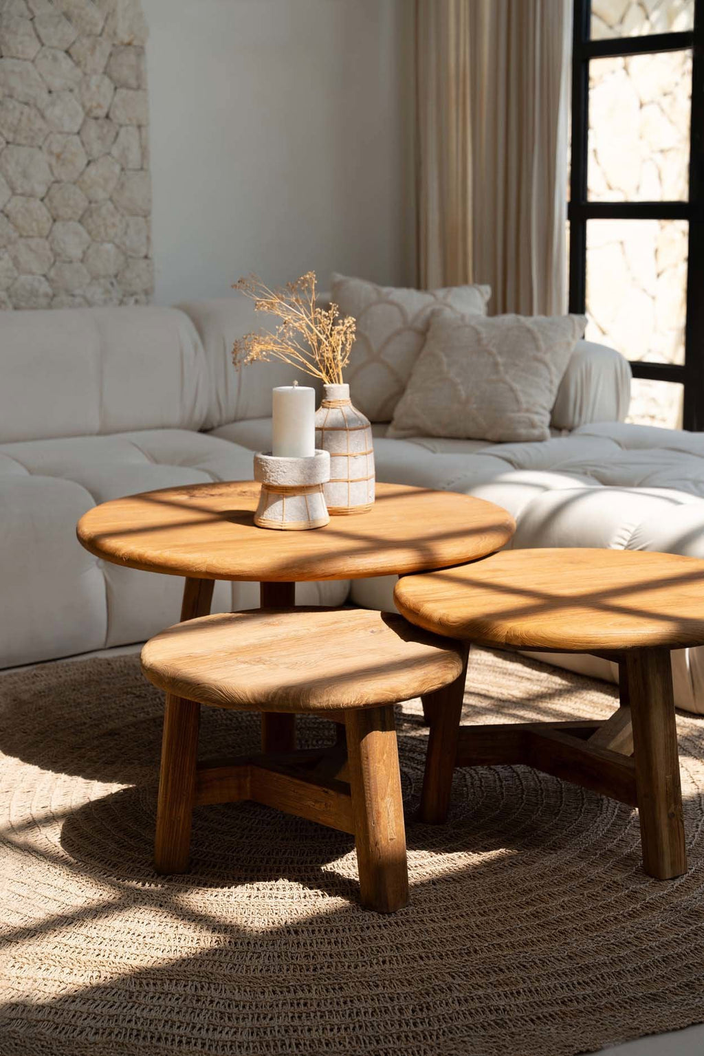 Salontafel gerecycled teakhout Fusuma L, rond, naturel – Ø 80 x 45 cm, woonkamer