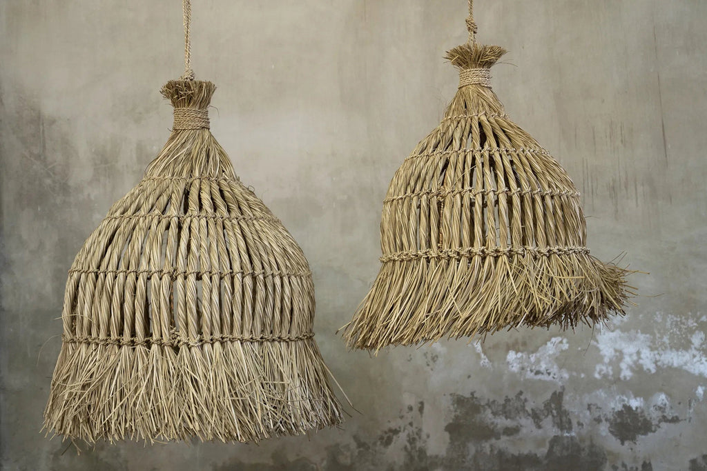 Hanglamp mendonggras handgevlochten Guagua, naturel – Ø 60 x 90 cm, voor woonkamer of badkamer