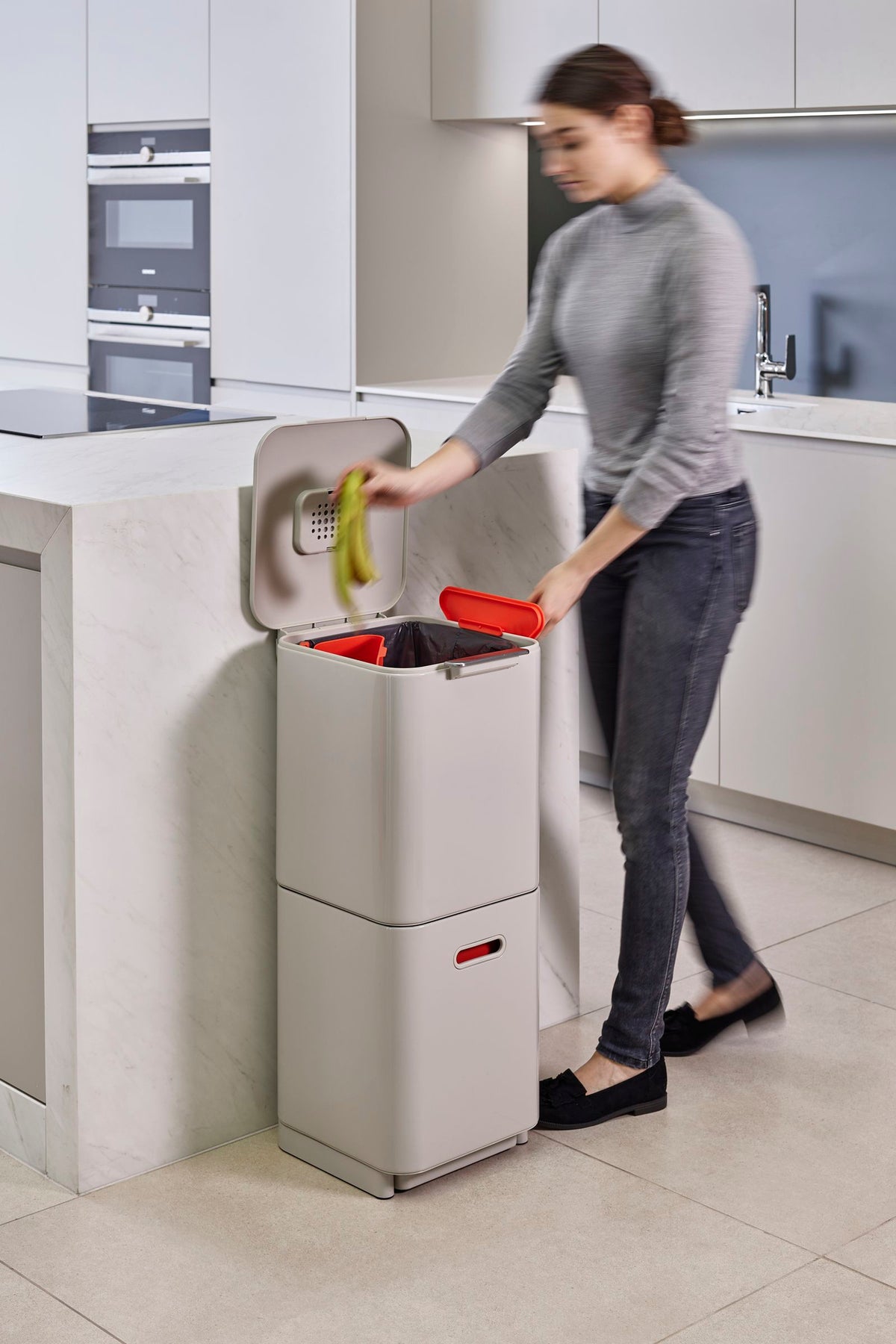 Prullenbak afvalscheiding Totem Compact stone wit, 2 x 20 liter, stapelbaar met uitneembare emmers, keuken