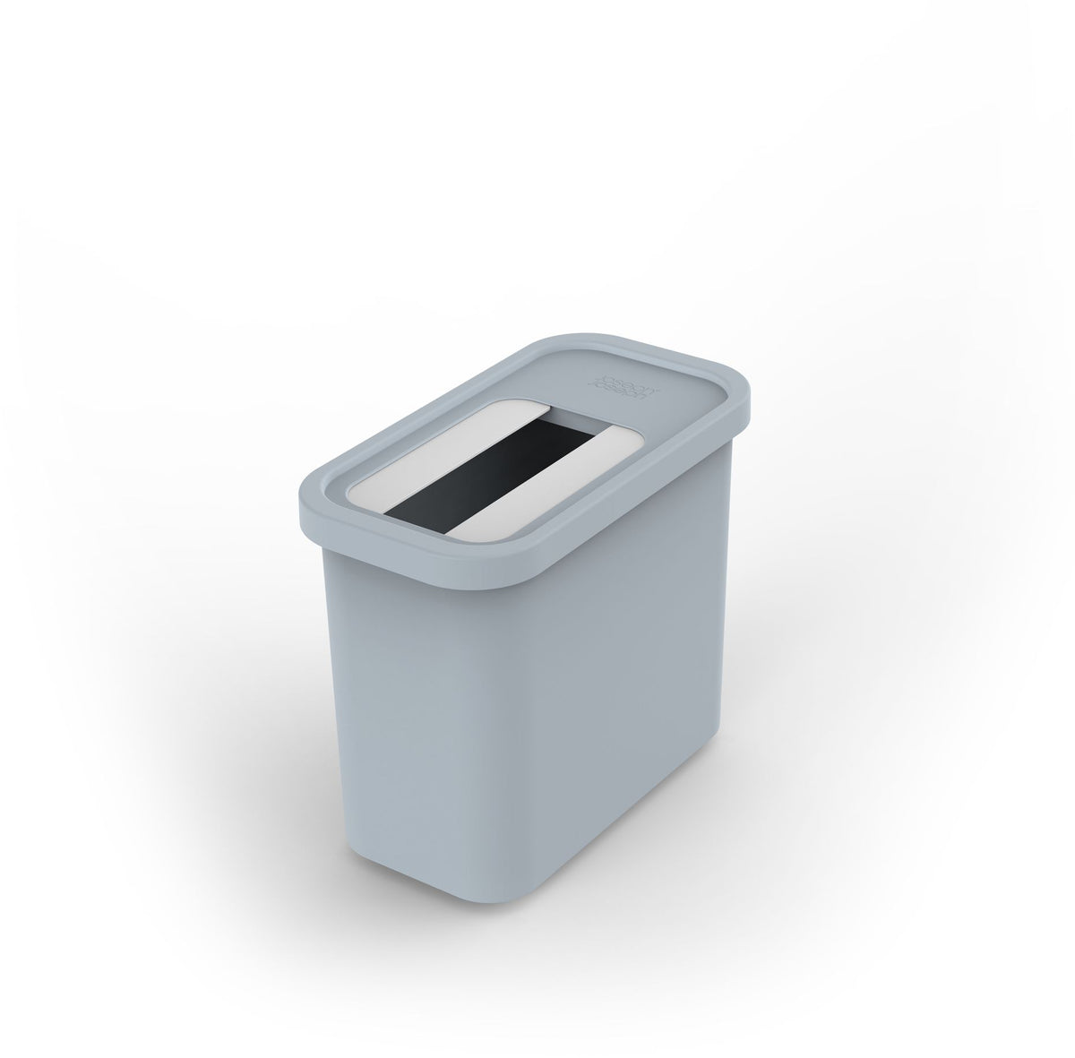 Blauwe rechthoekige recyclingprullenbak met lichte rand en zwart-witte valkleppen in het deksel