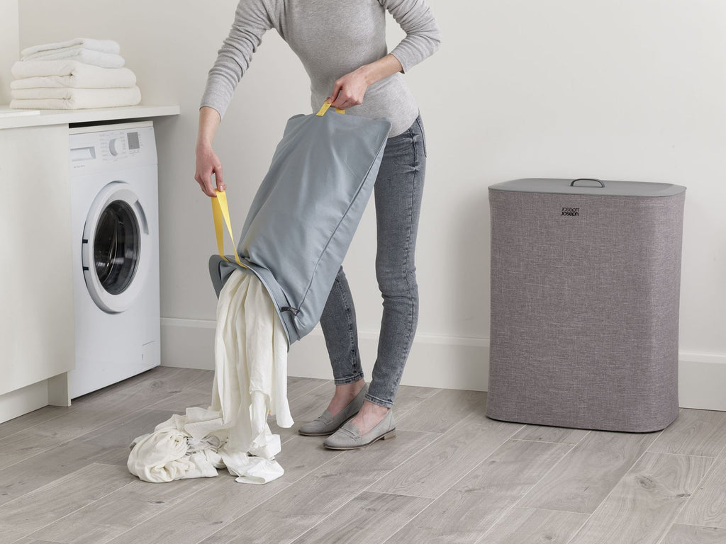 Wasmand met 2 uitneembare stoffen zakken, grijs, 2 x 45 liter (90 liter), model Tota, voor badkamer en slaapkamer