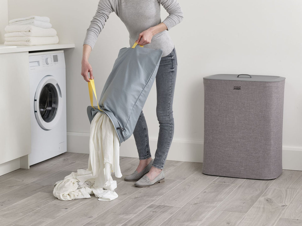 Wasmand met 2 uitneembare stoffen zakken, grijs, 2 x 45 liter (90 liter), model Tota, voor badkamer en slaapkamer