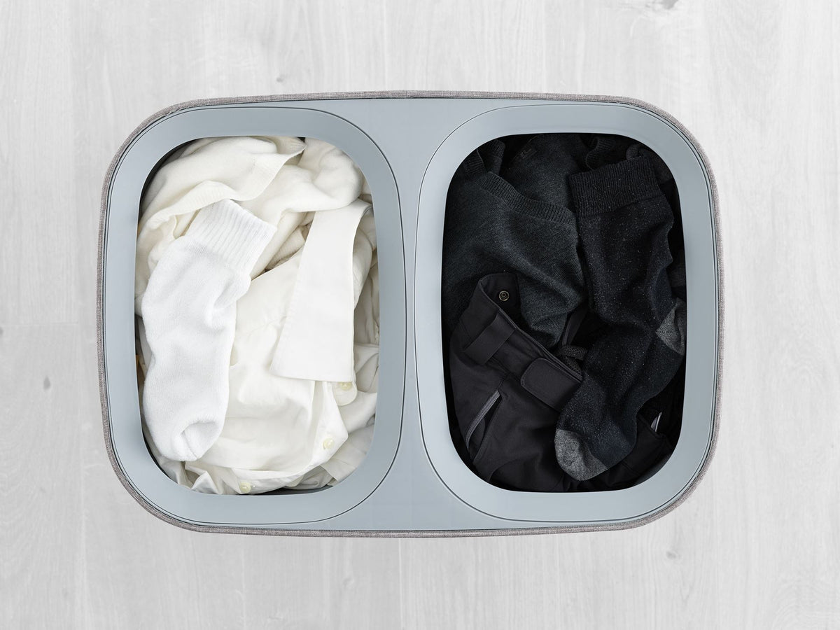 Wasmand met 2 uitneembare stoffen zakken, grijs, 2 x 45 liter (90 liter), model Tota, voor badkamer en slaapkamer