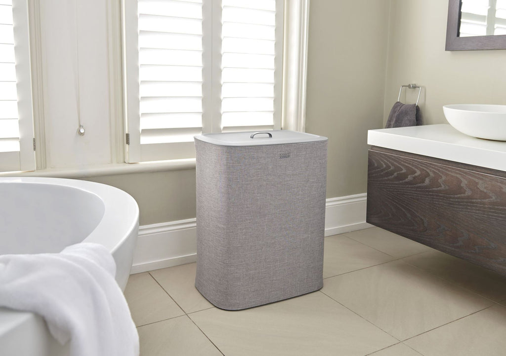 Wasmand met 2 uitneembare stoffen zakken, grijs, 2 x 45 liter (90 liter), model Tota, voor badkamer en slaapkamer