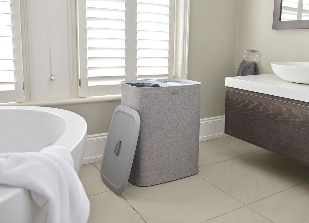 Wasmand met 2 uitneembare stoffen zakken, grijs, 2 x 45 liter (90 liter), model Tota, voor badkamer en slaapkamer