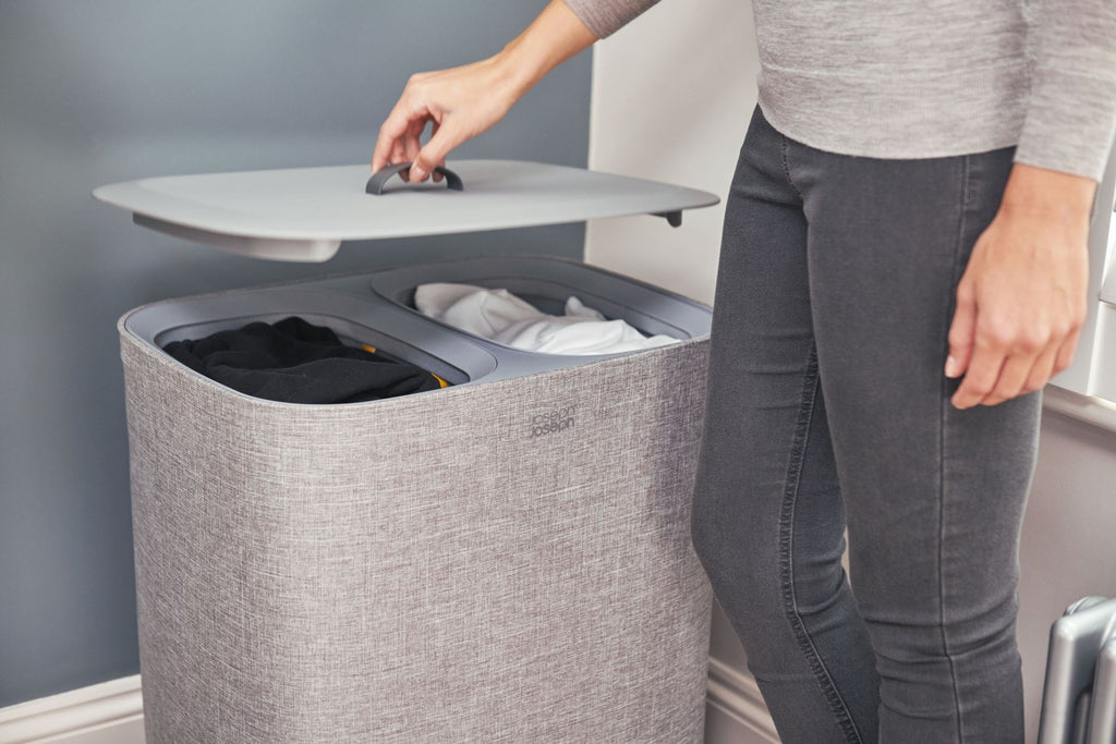 Wasmand met 2 uitneembare stoffen zakken, grijs, 2 x 45 liter (90 liter), model Tota, voor badkamer en slaapkamer
