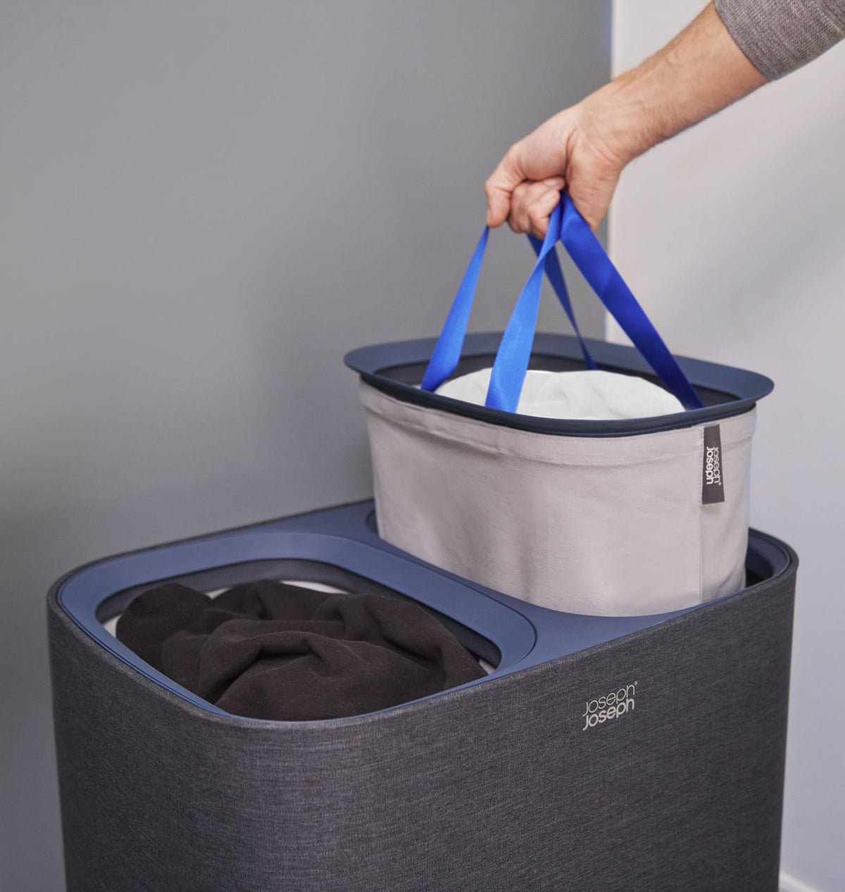 Wasmand 2 vakken stoffen zakken zwart, Tota 2 x 45 L (90 L) voor badkamer, slaapkamer of washok