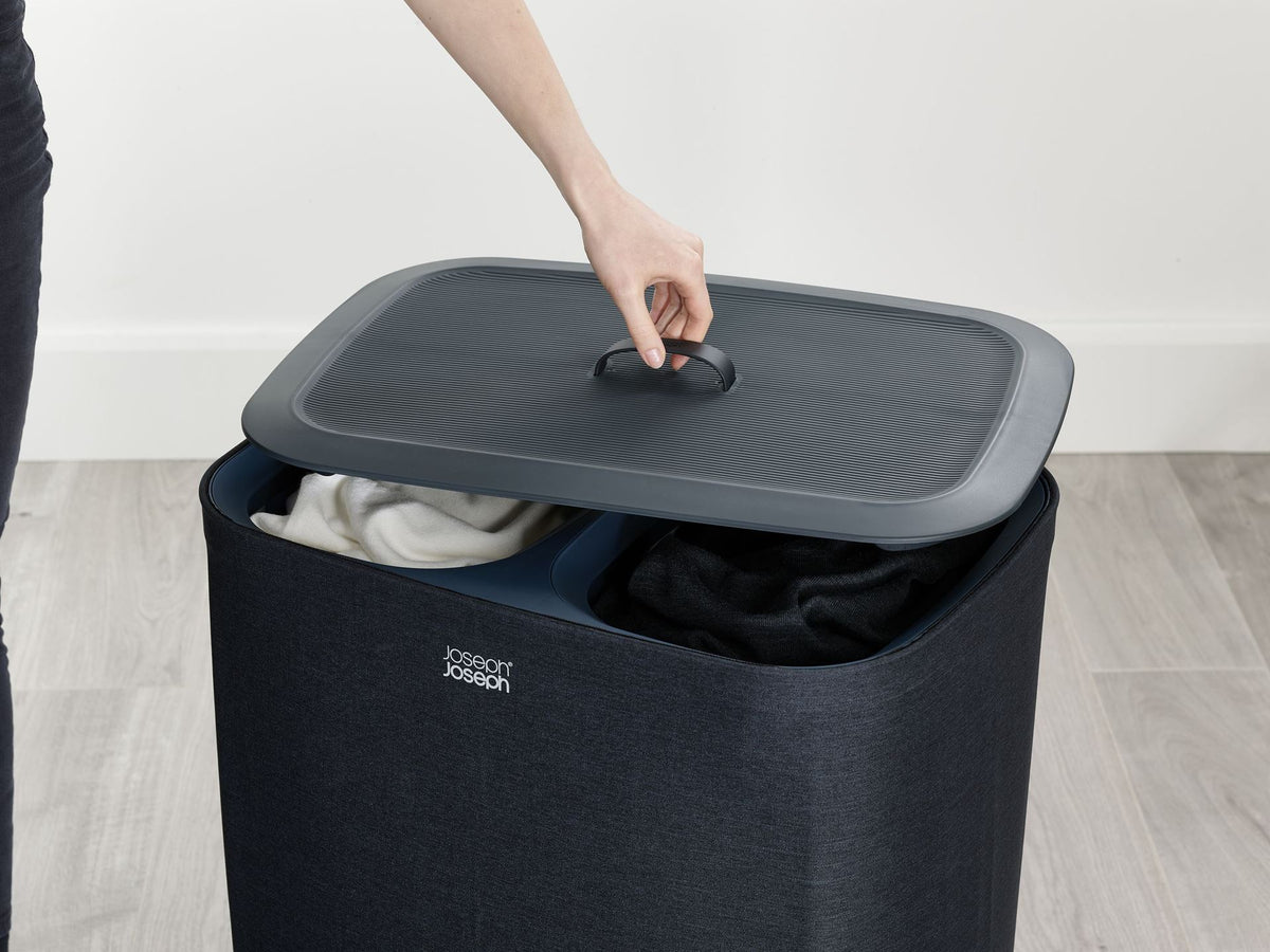 Wasmand 2 vakken stoffen zakken zwart, Tota 2 x 45 L (90 L) voor badkamer, slaapkamer of washok