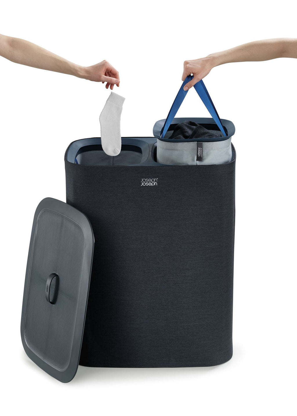 Wasmand 2 vakken stoffen zakken zwart, Tota 2 x 45 L (90 L) voor badkamer, slaapkamer of washok