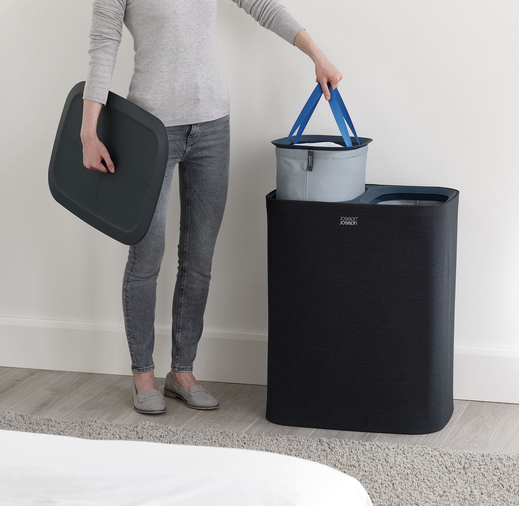 Wasmand 2 vakken stoffen zakken zwart, Tota 2 x 45 L (90 L) voor badkamer, slaapkamer of washok