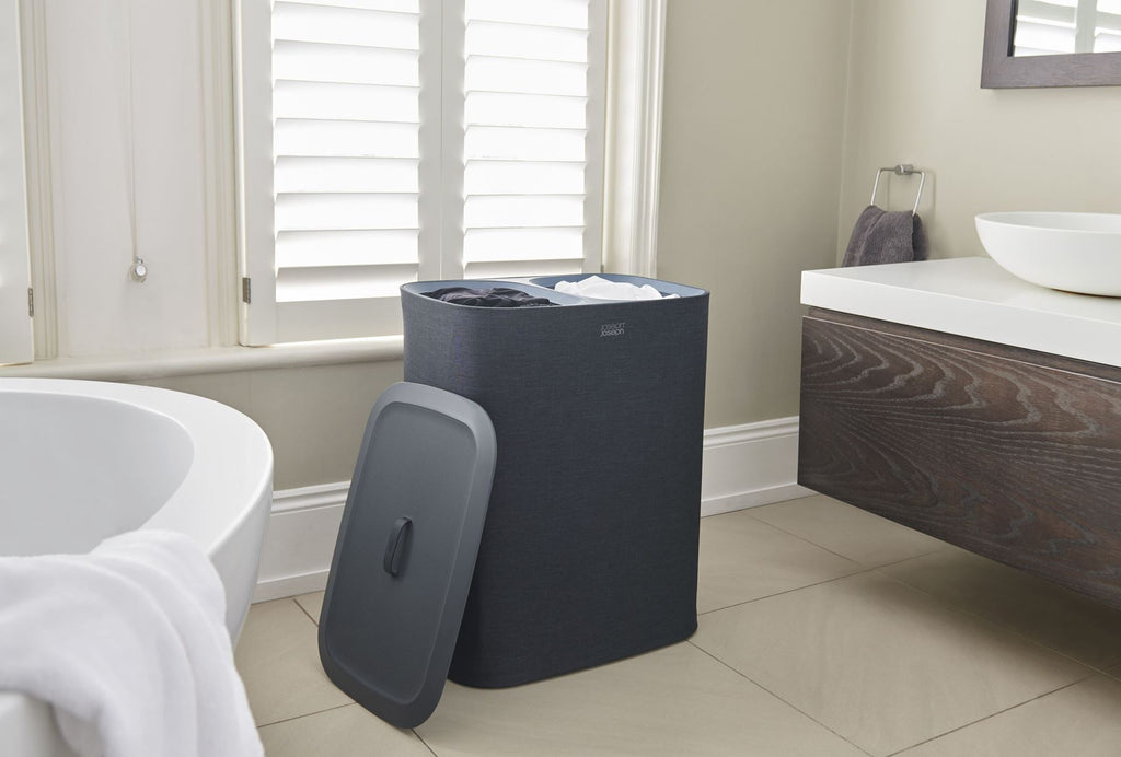 Wasmand 2 vakken stoffen zakken zwart, Tota 2 x 45 L (90 L) voor badkamer, slaapkamer of washok