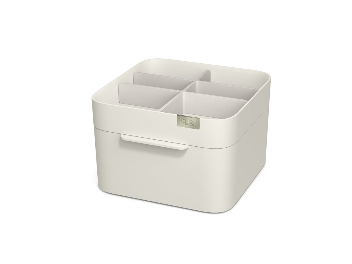 Make-up organizer met lade, beige, diepe en ondiepe vakken voor badkamer en toilettafel